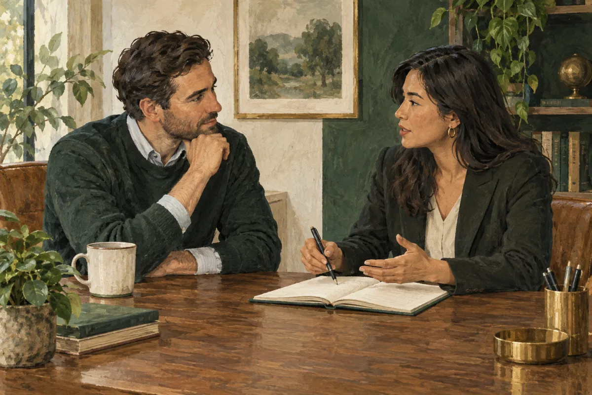 A sales manager coaching a colleague during a quiet discussion