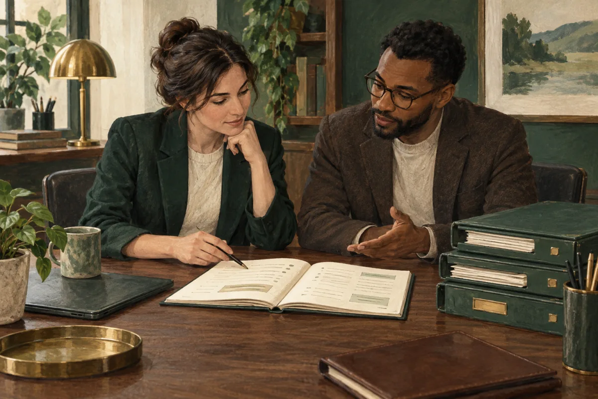 A departing sales manager reviewing a handover notebook with a colleague