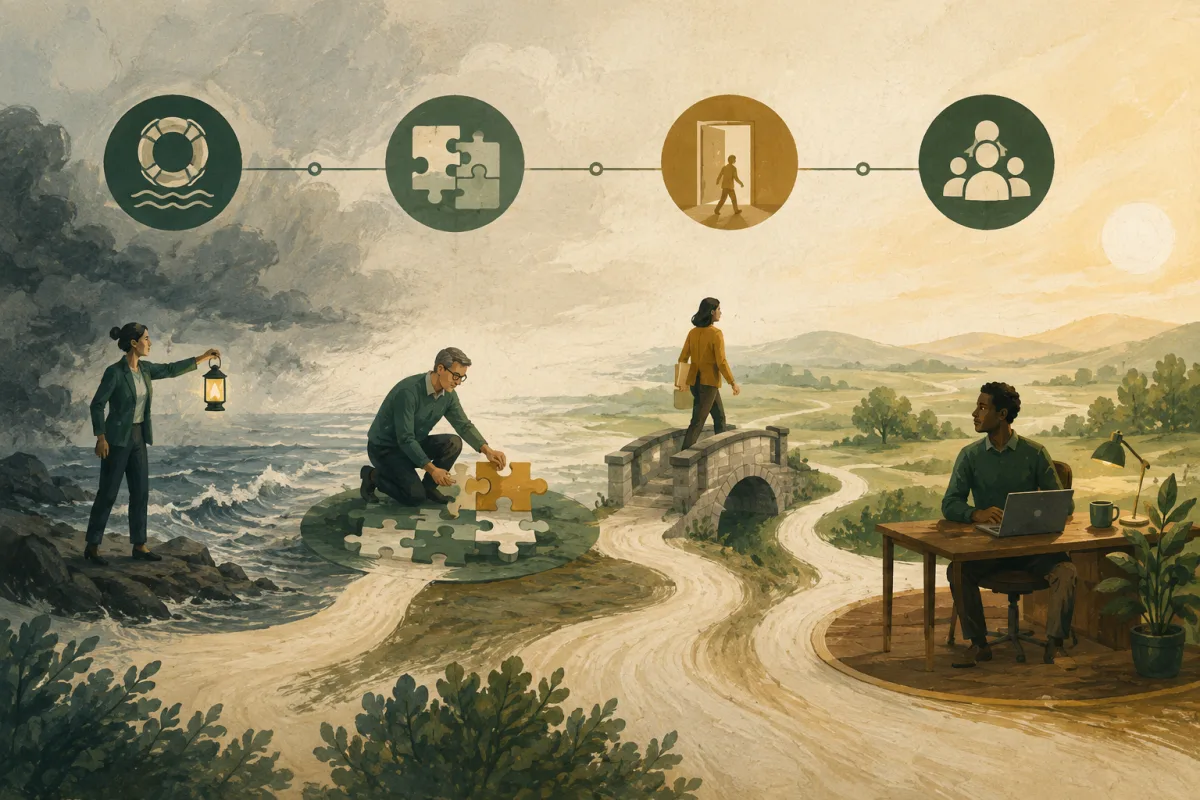 A path connects emergency guidance, a bounded puzzle, a transition bridge, and a permanent workplace.