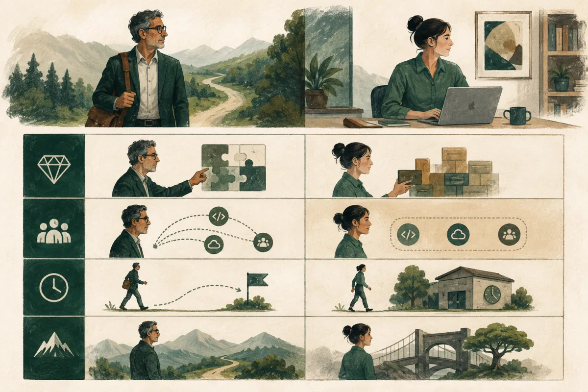 Side-by-side illustrations compare a bounded executive assignment with an enduring team and organization.