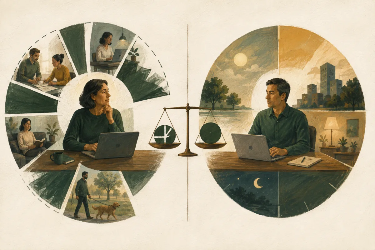 Two professionals compare a divided schedule and an ongoing role using balanced circular symbols.