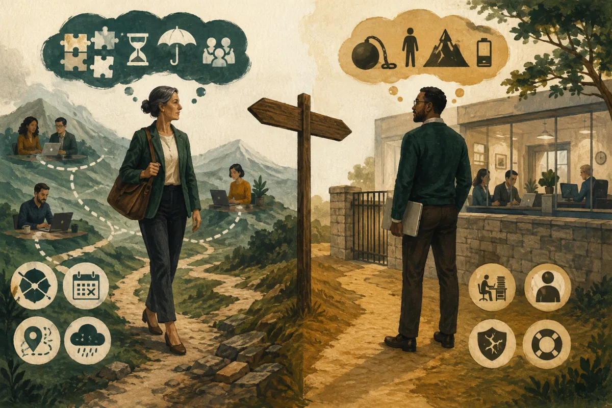 Two leadership paths show different risks through symbols for limited time, fragmented context, fixed commitment, and organizational dependence.