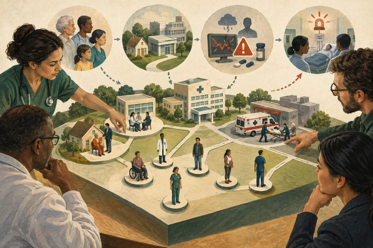 A team maps users, care settings, failure consequences, and escalation across a healthcare workflow.