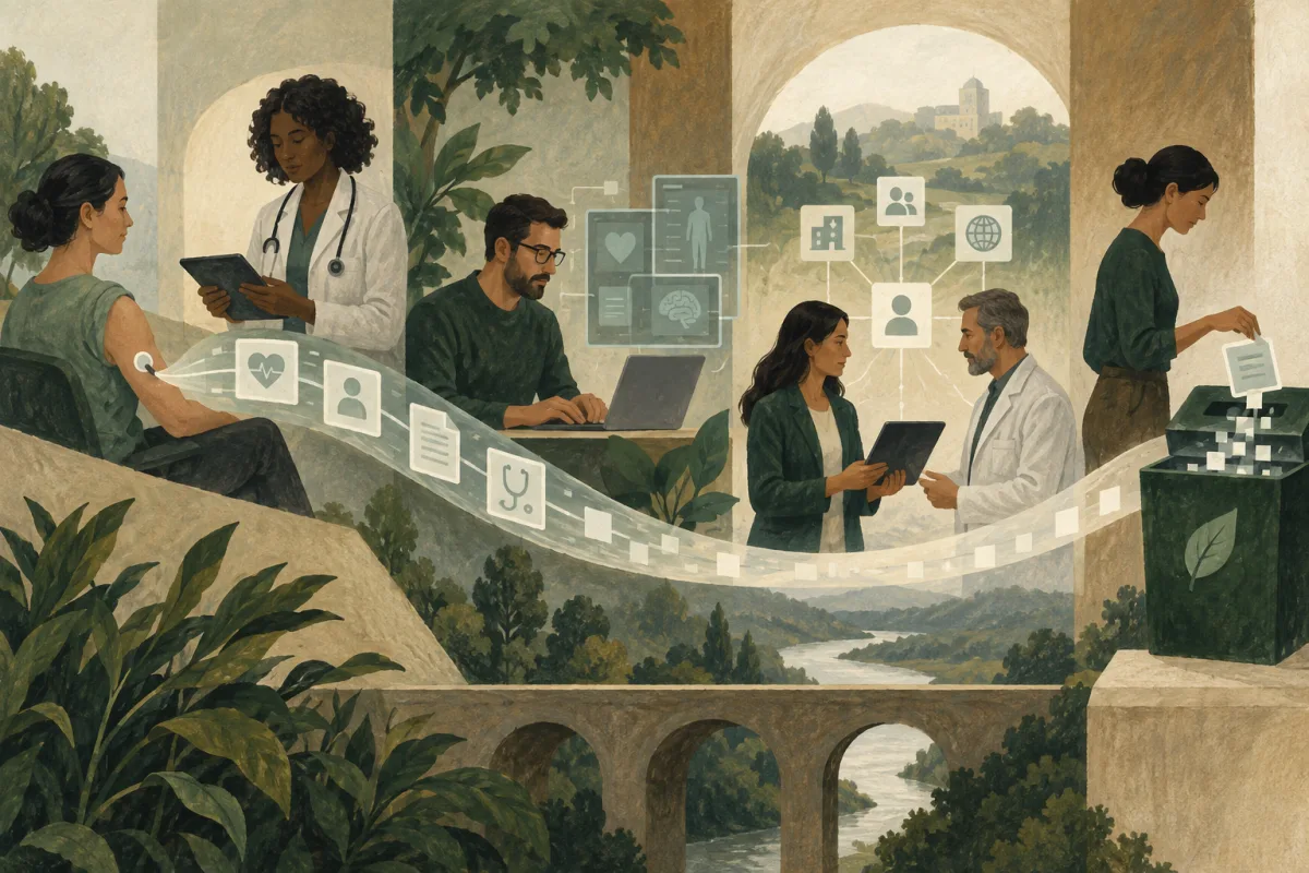 Health information moves through collection, approved use, collaboration, and controlled disposal.