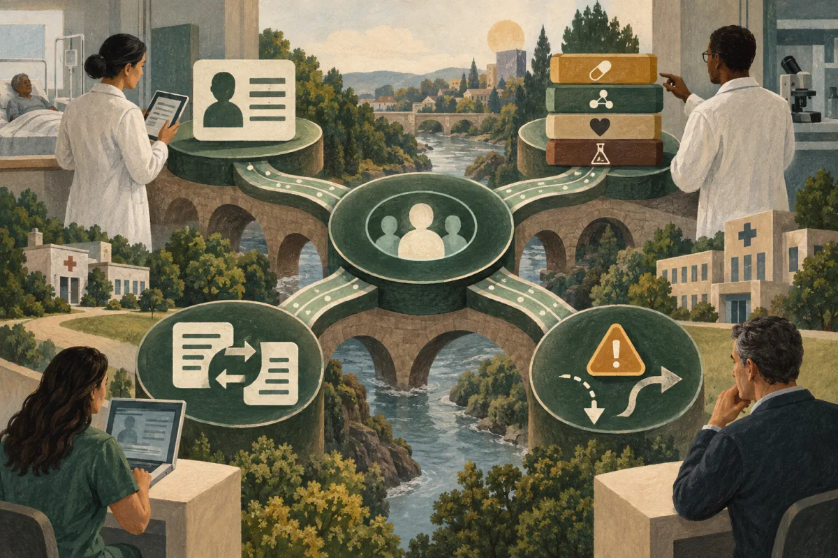 Healthcare integration connects identity, terminology, information exchange, and exception handling.