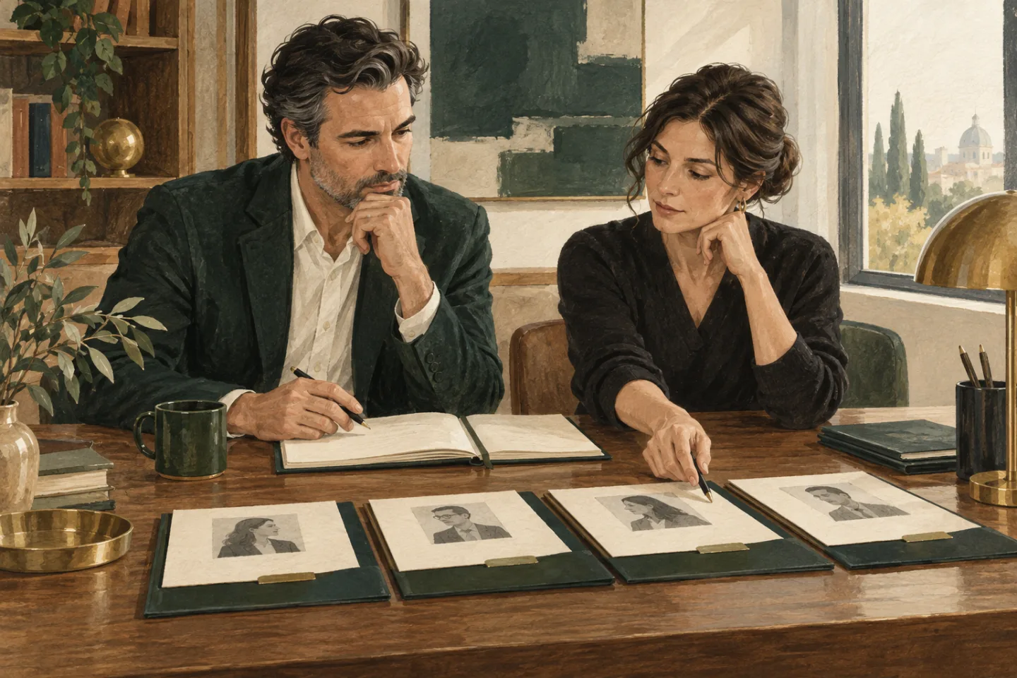Founder and technology leader comparing a hiring brief at a quiet conference table