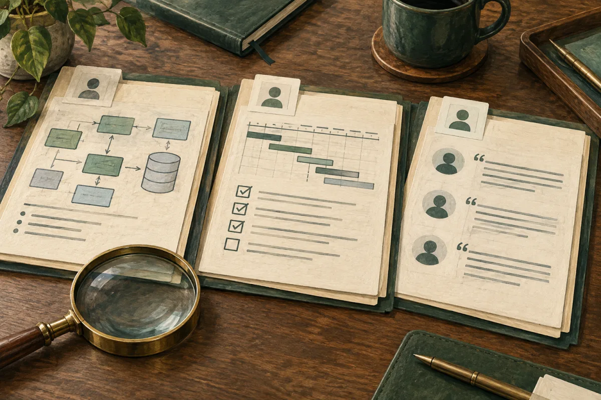 Candidate evidence folders showing a software diagram, project timeline and reference notes