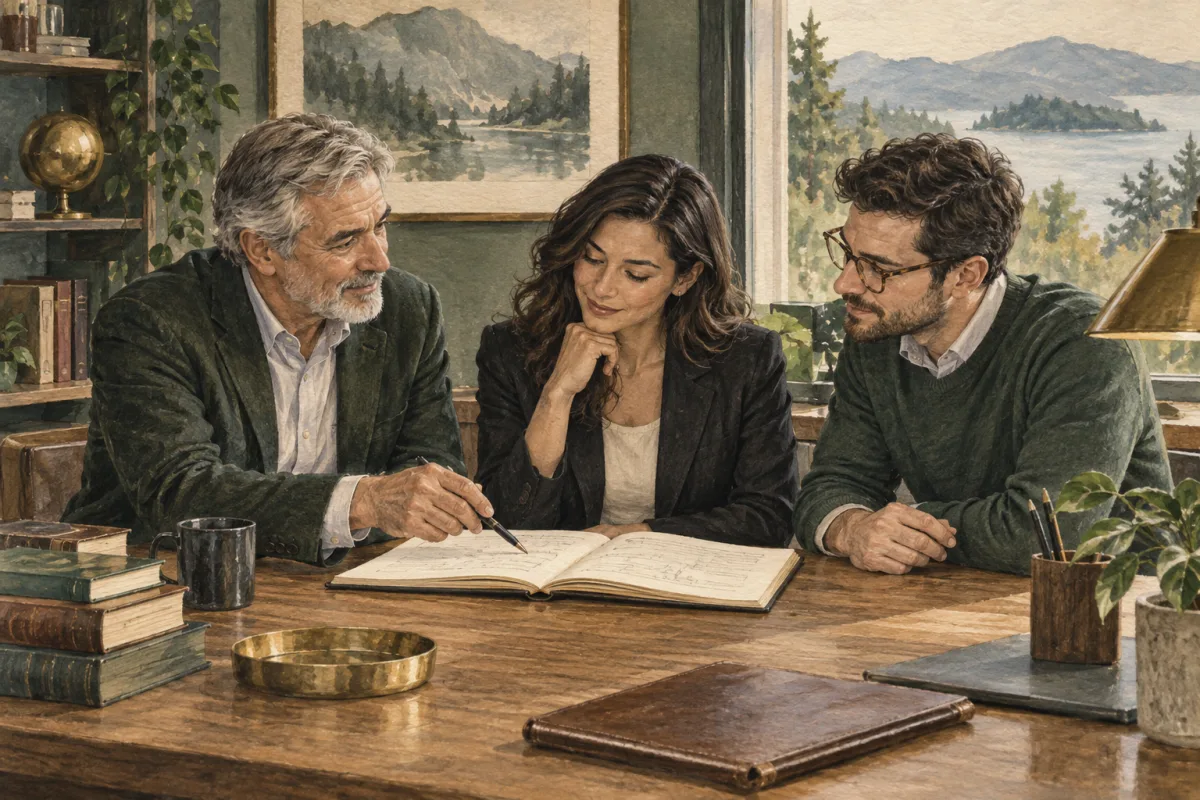 Founder and incoming leader reviewing a handover notebook