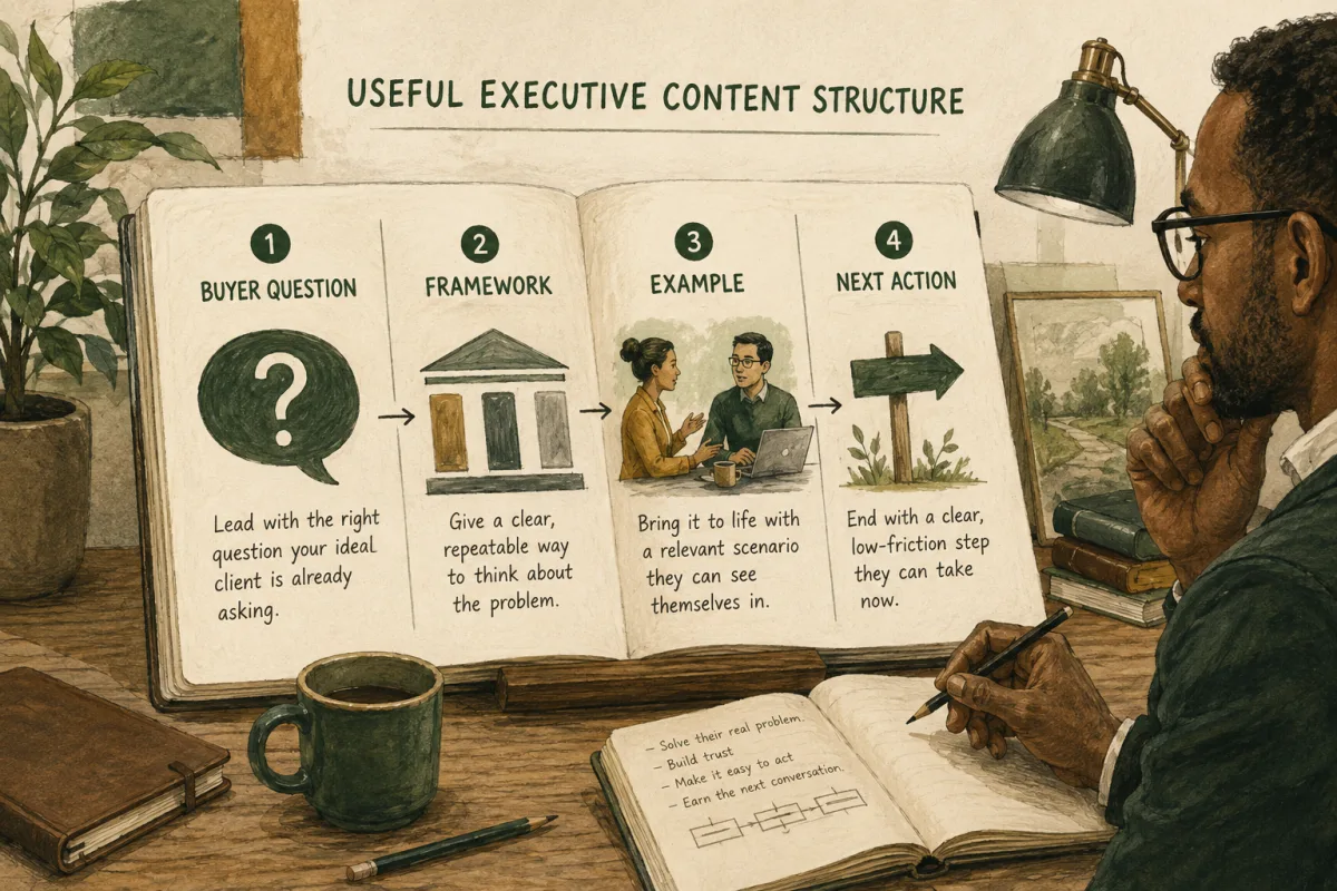 Useful executive content structure using buyer question, framework, example, and next action