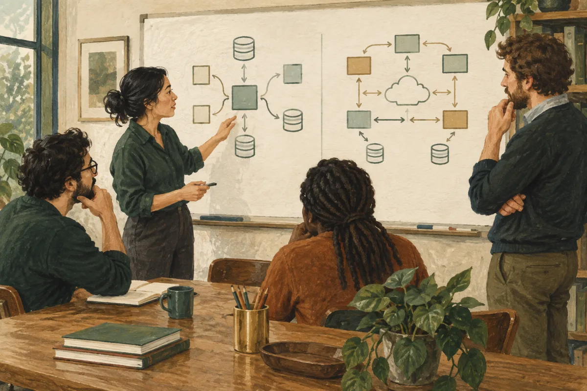 A technology leader comparing architecture options with engineering colleagues