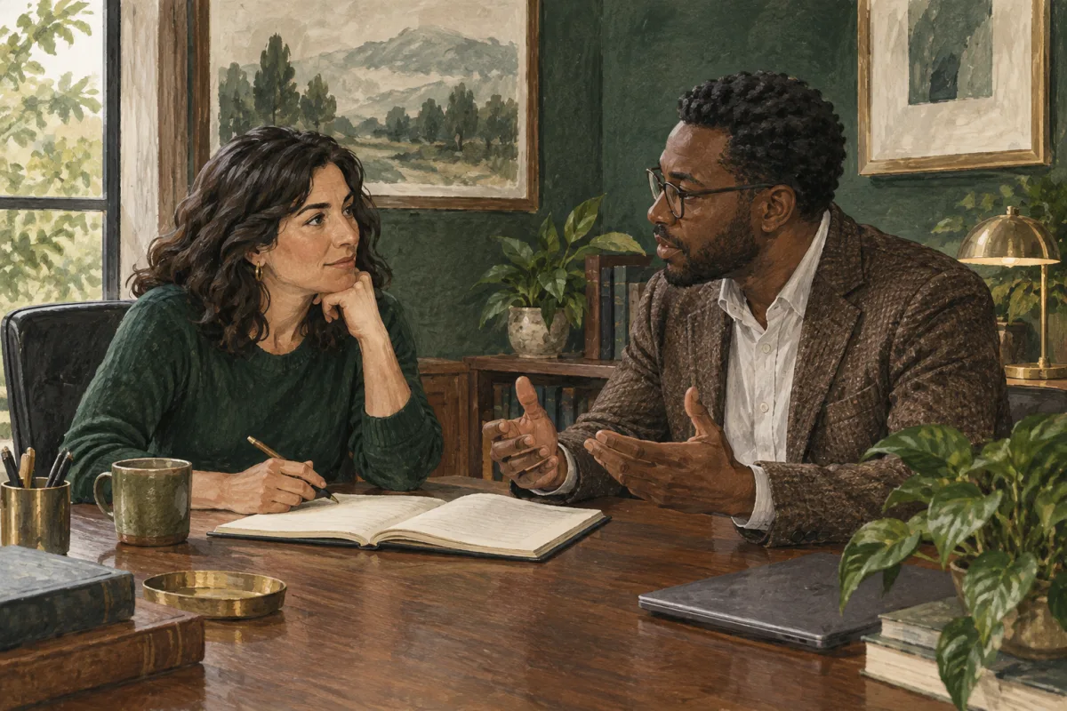 A manager and colleague having a development conversation