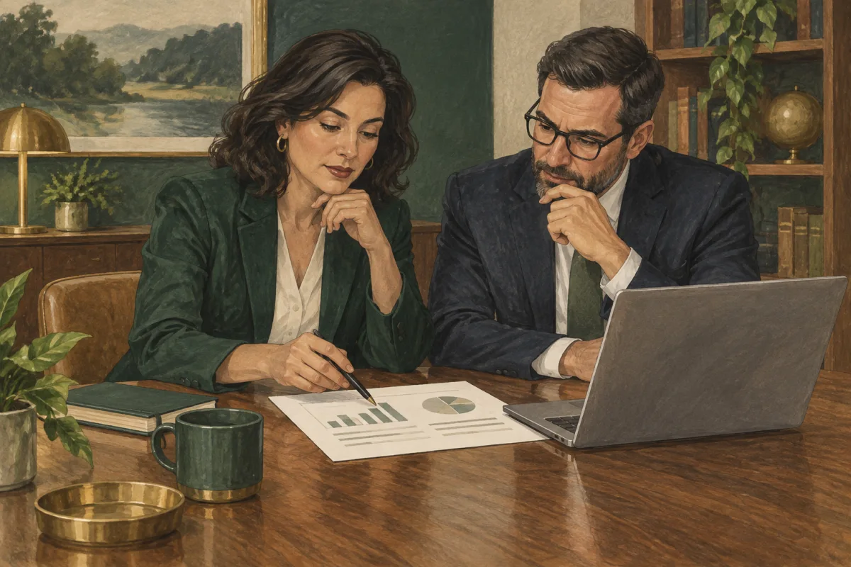 An executive reviewing a technology budget with a finance colleague