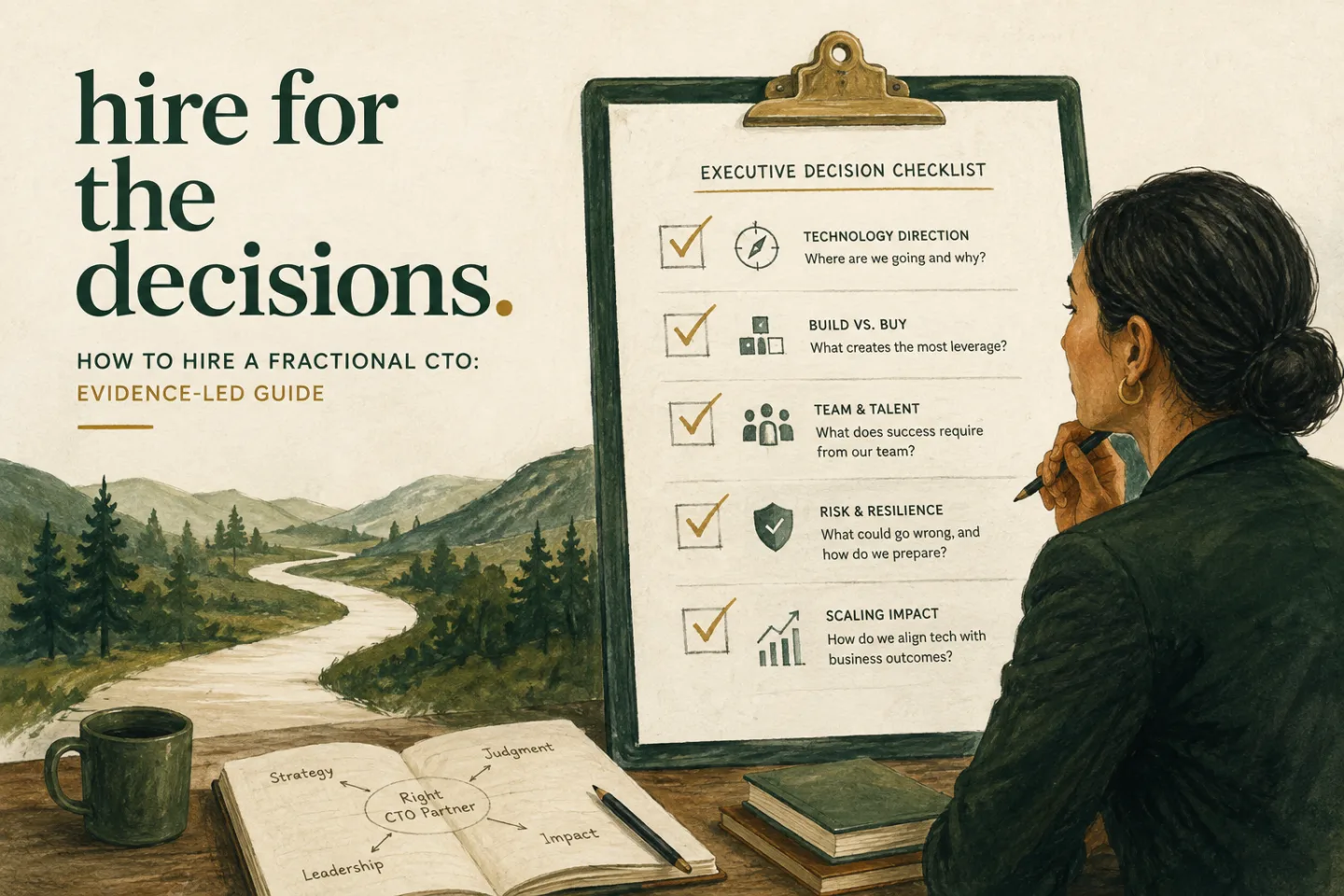 Founder reviewing a checklist of technology direction, build-or-buy, team, resilience, and scaling decisions.