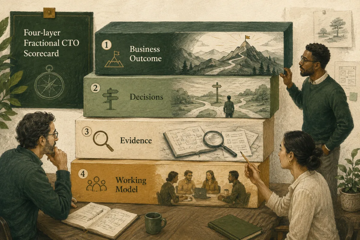 Four-layer hiring scorecard linking business outcome, decisions, evidence, and working model.