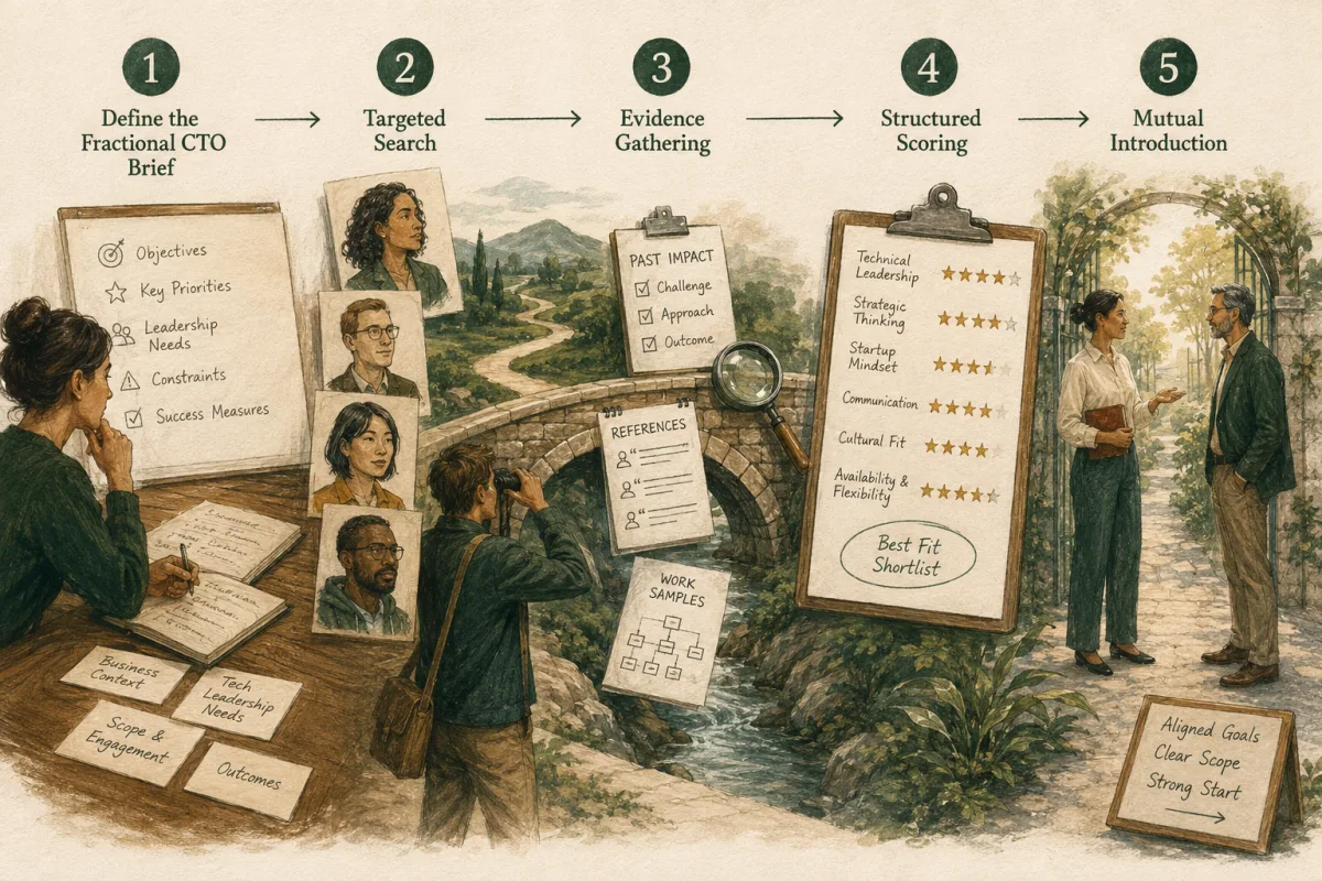 Hiring sequence from a defined CTO brief through search, evidence gathering, scoring, and mutual introduction.