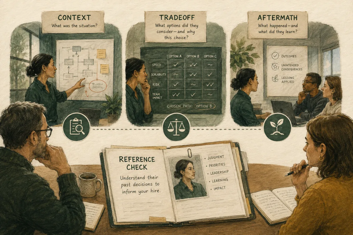 Reference-check framework examining the context, tradeoffs, and aftermath of a candidate’s decisions.