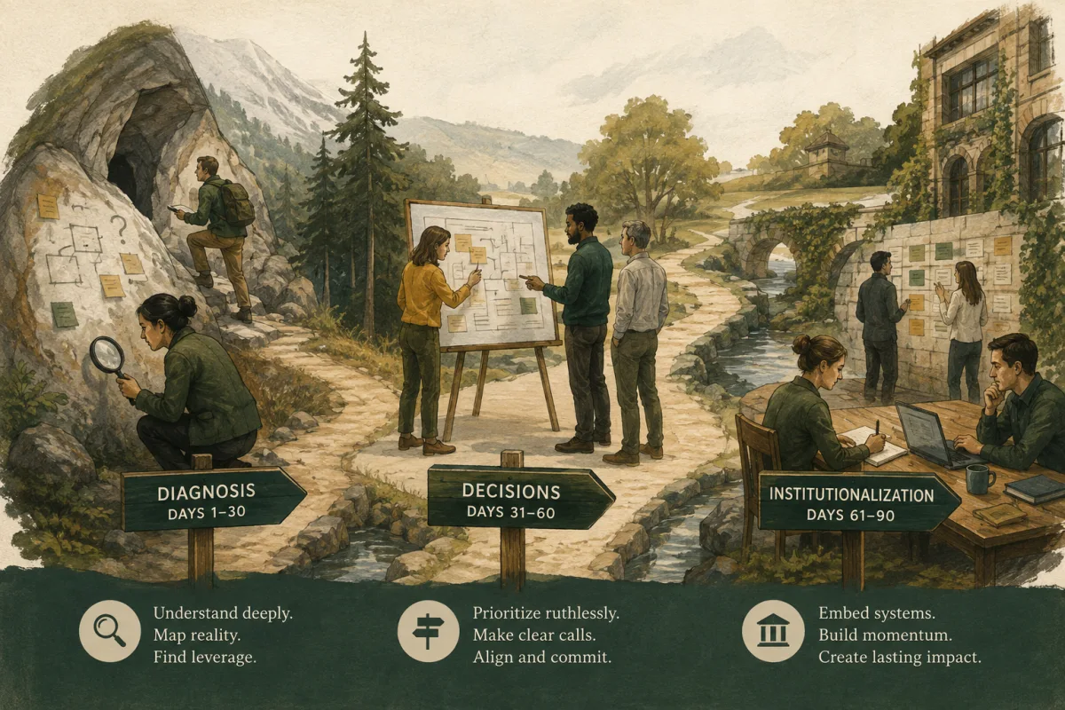 Illustrative 90-day CTO onboarding sequence: diagnosis, decisions, and institutionalisation.
