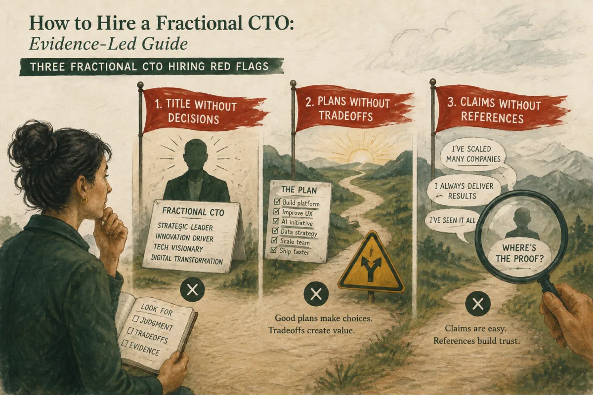 Three hiring red flags: a title without decisions, plans without tradeoffs, and claims without references.