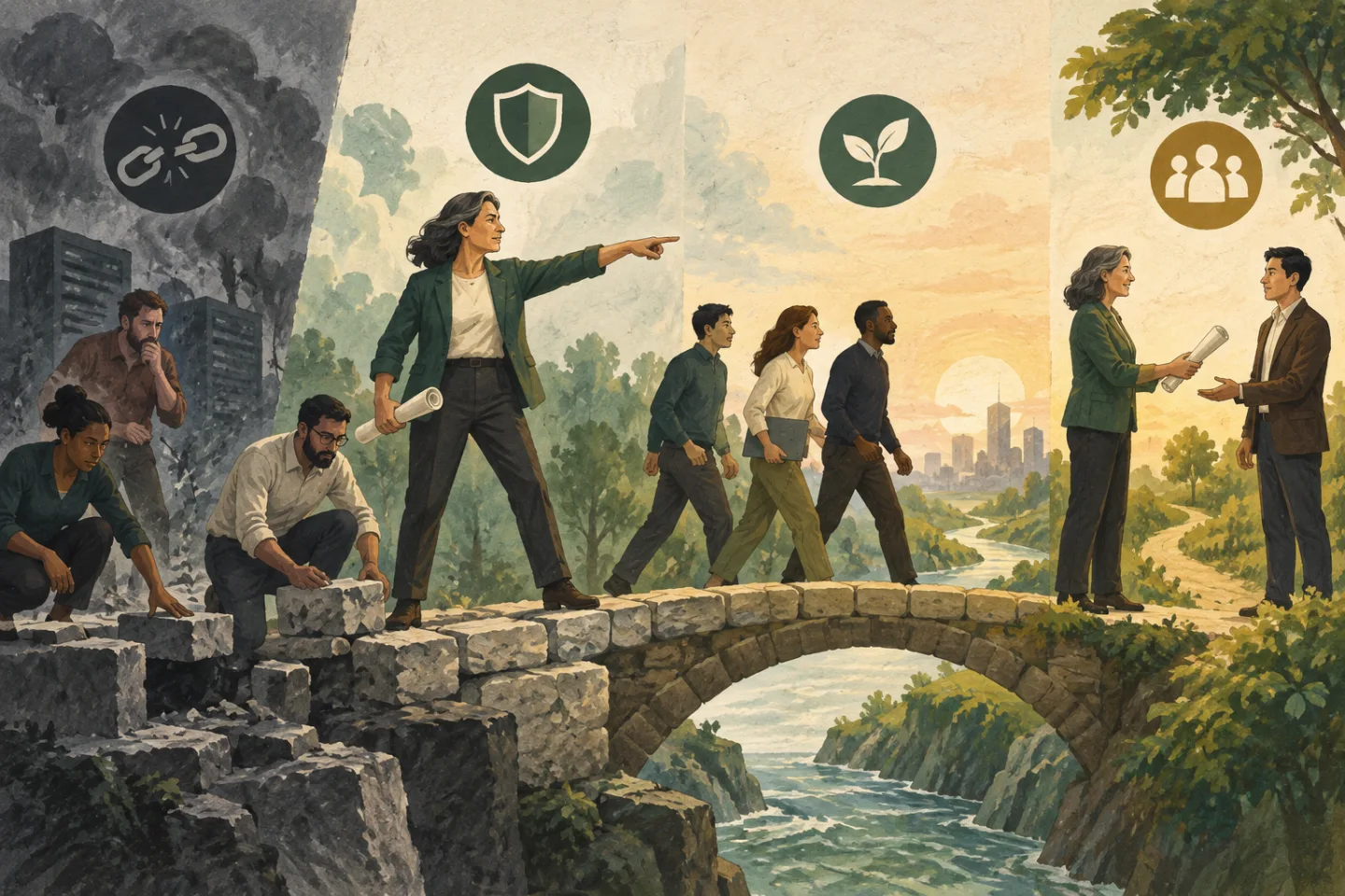 An interim leader guides a team across a repaired bridge and transfers responsibility to a successor.