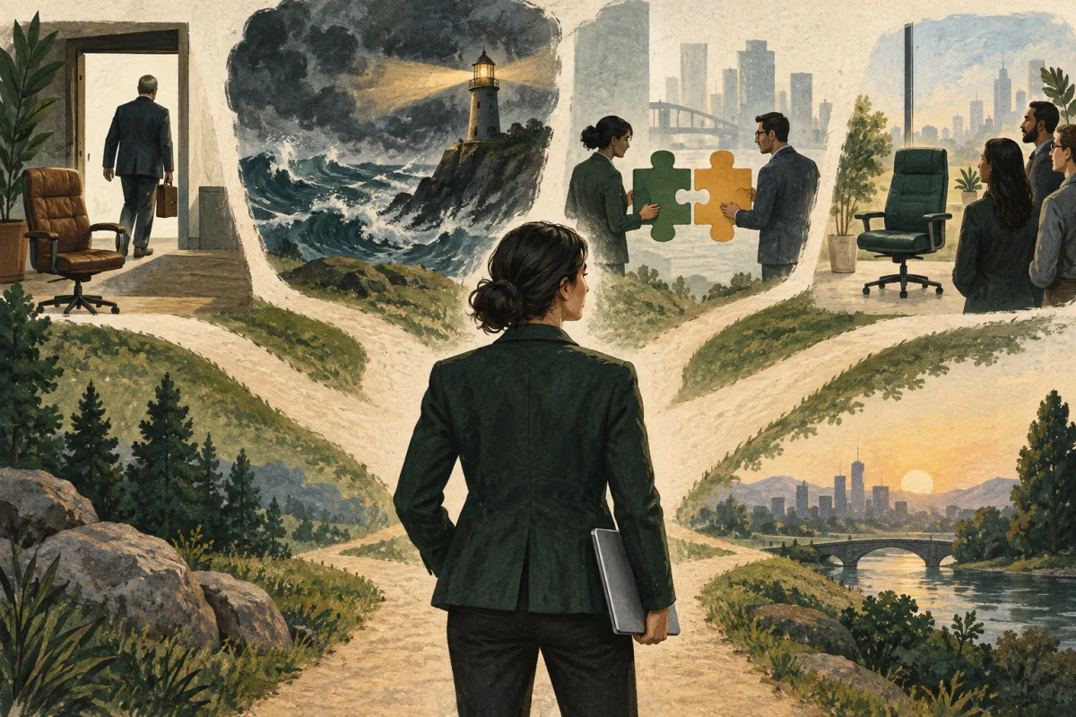 A leader considers four paths representing a vacancy, a turnaround, an integration, and a permanent search.