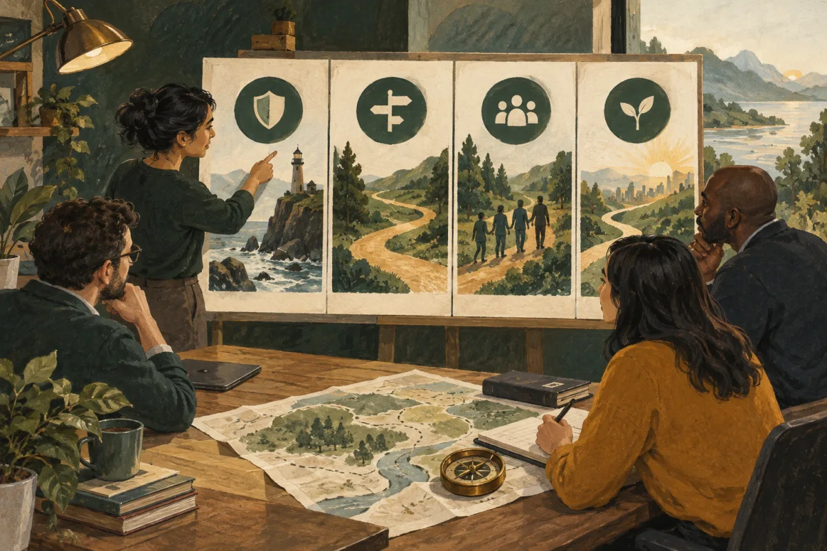 A leadership team reviews stability, decisions, people, and transition through four illustrated panels.