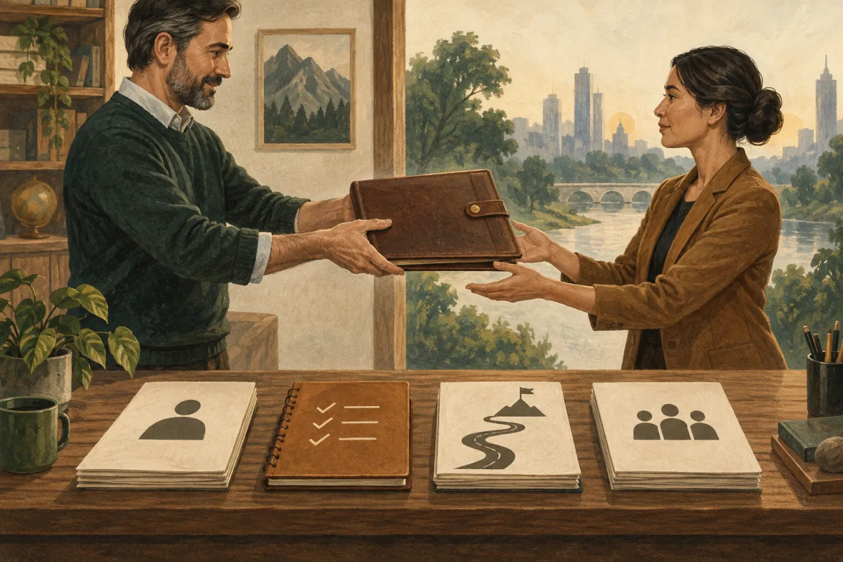 Two executives transfer a portfolio beside documents representing role, decisions, roadmap, and team.