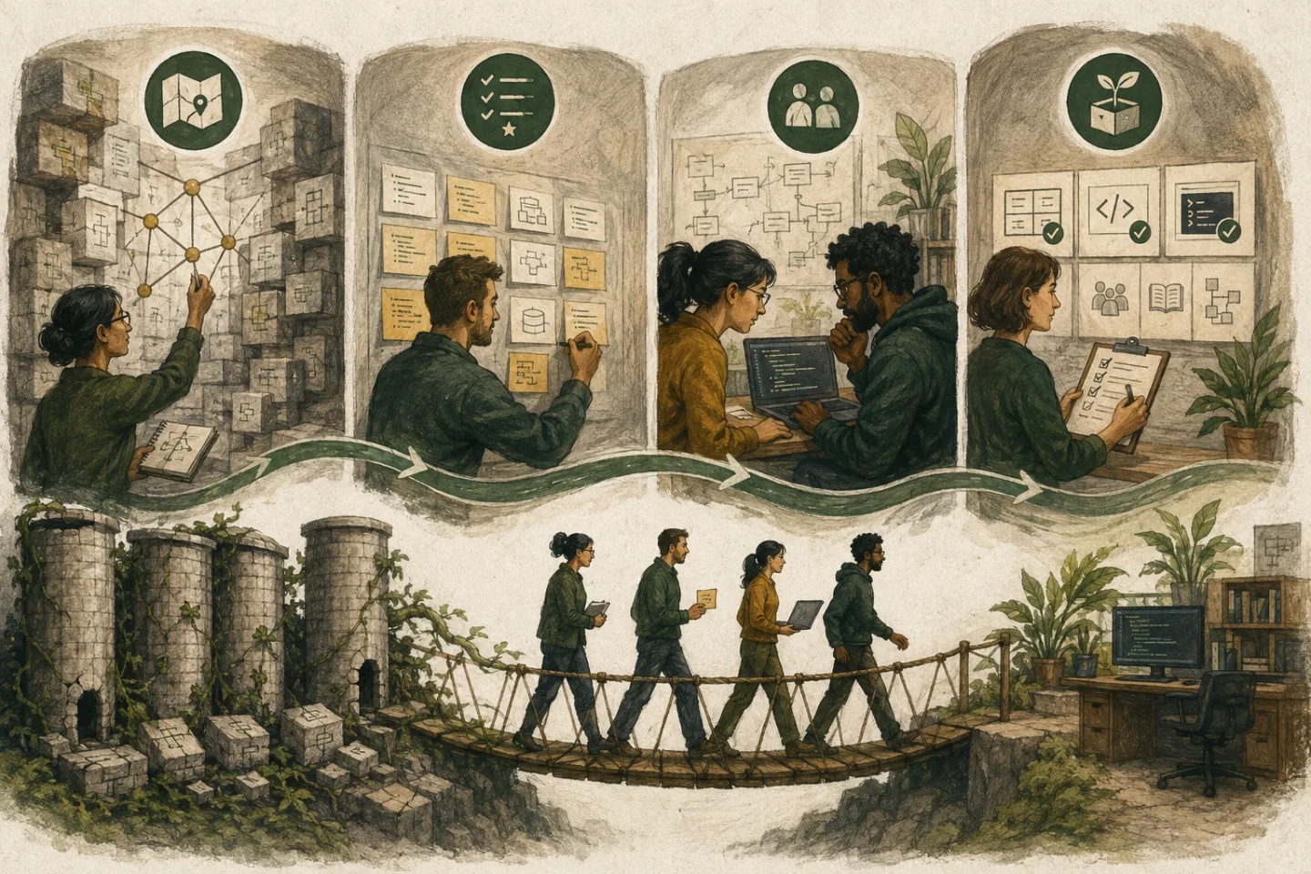 A software team maps dependencies, prioritizes transfer, pairs on work, and checks shared capability.