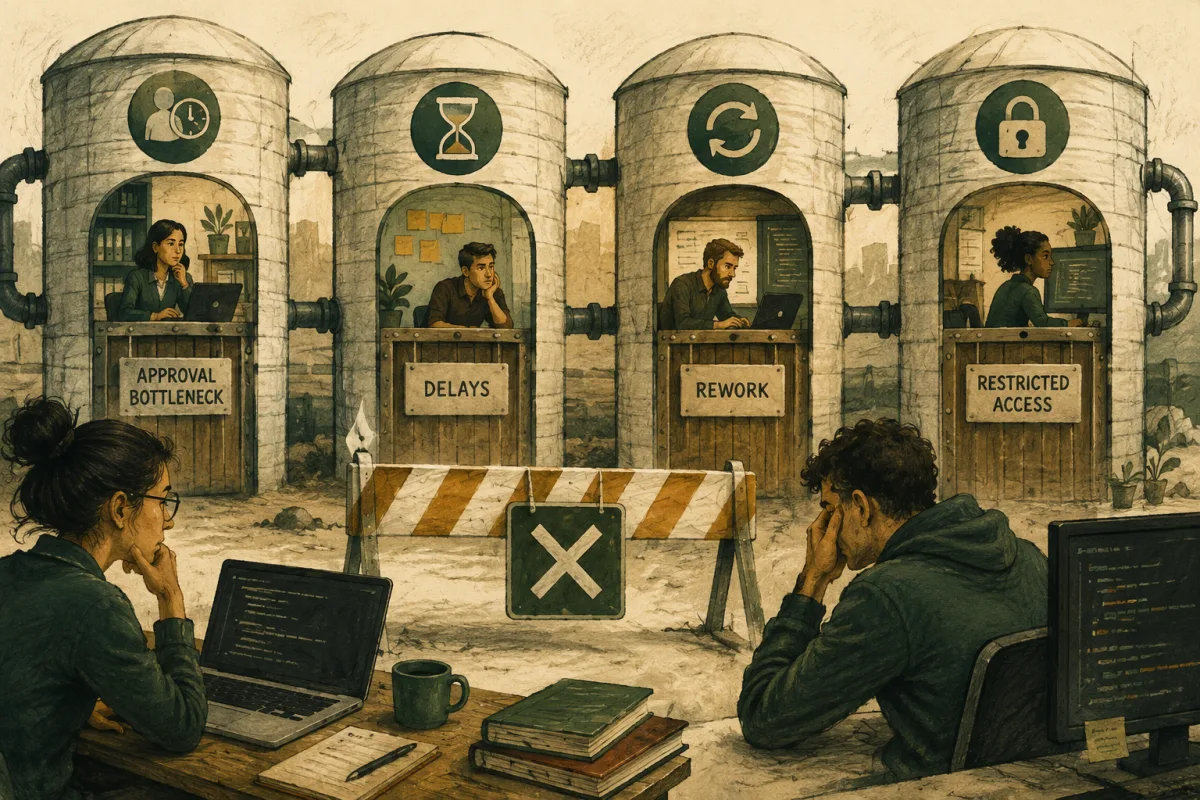 Four isolated work areas illustrate approval bottlenecks, delays, rework, and restricted access.