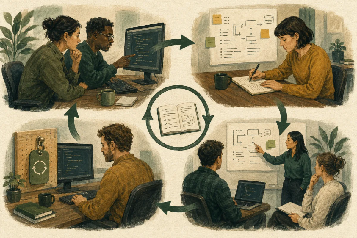 Engineers cycle through paired work, documentation, rehearsal, and ownership rotation.