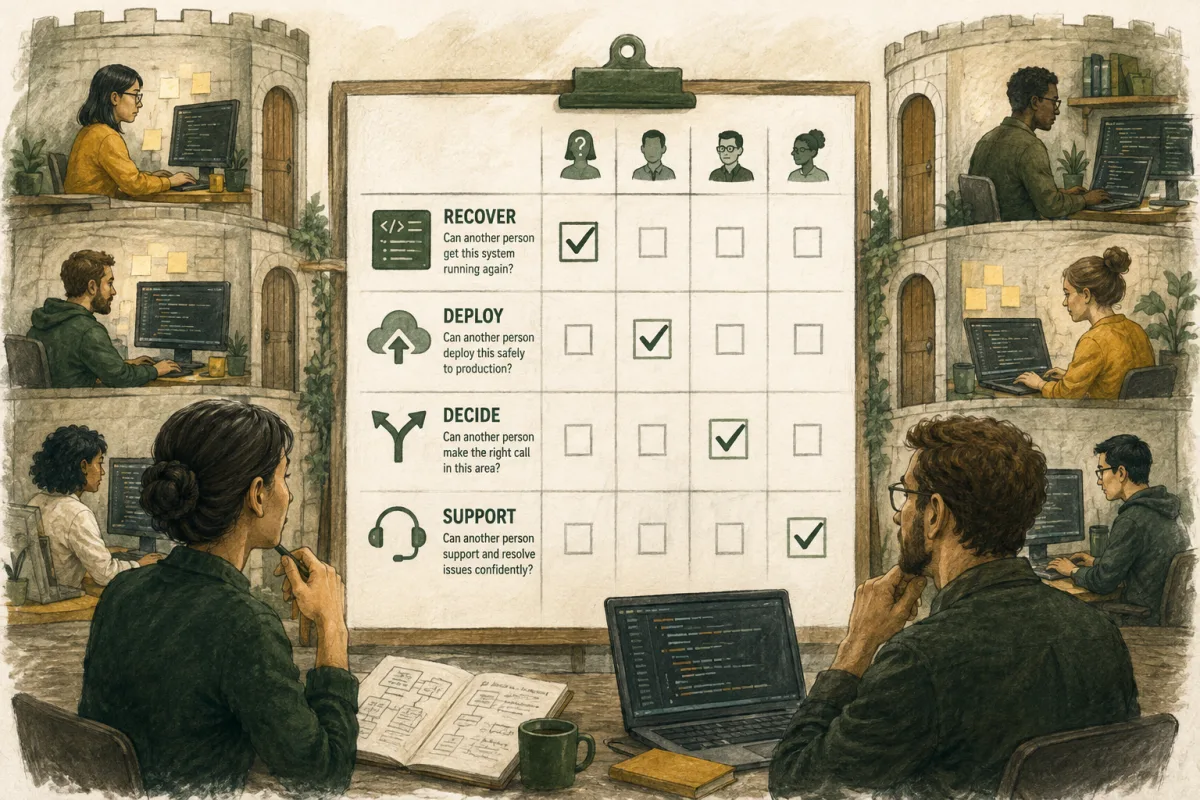 A team checks whether additional owners can recover, deploy, decide, and support critical systems.