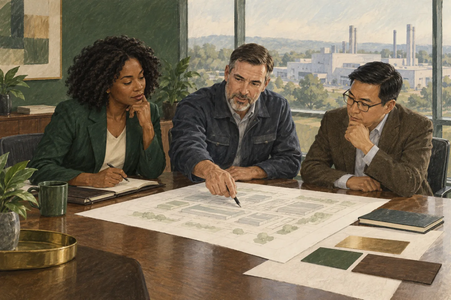 A technology leader and manufacturing managers reviewing a systems plan