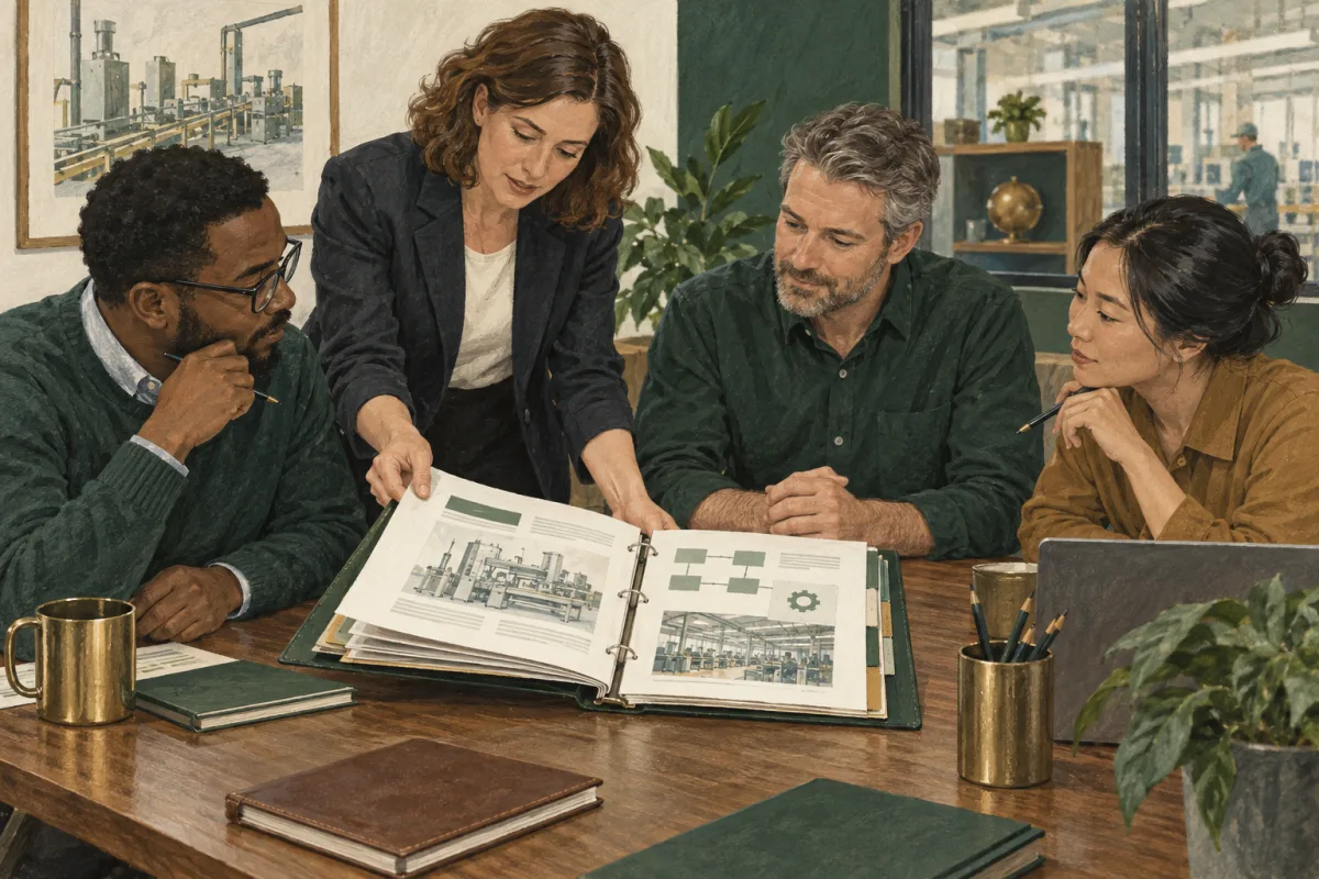 Manufacturing teams reviewing a systems handover