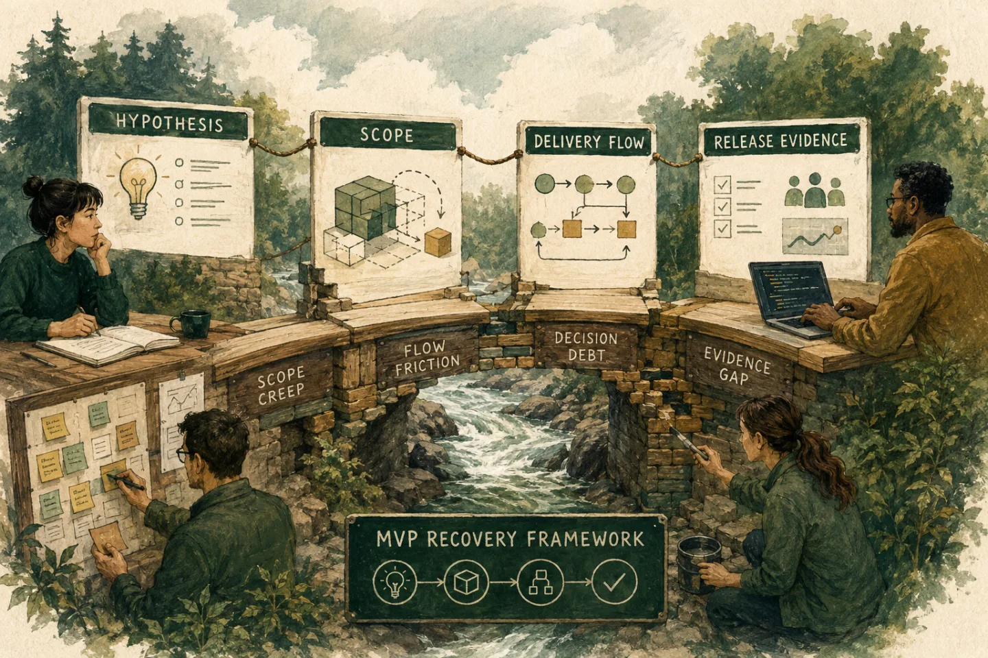 A team connects its hypothesis, scope, delivery flow, and release evidence across a broken development path.