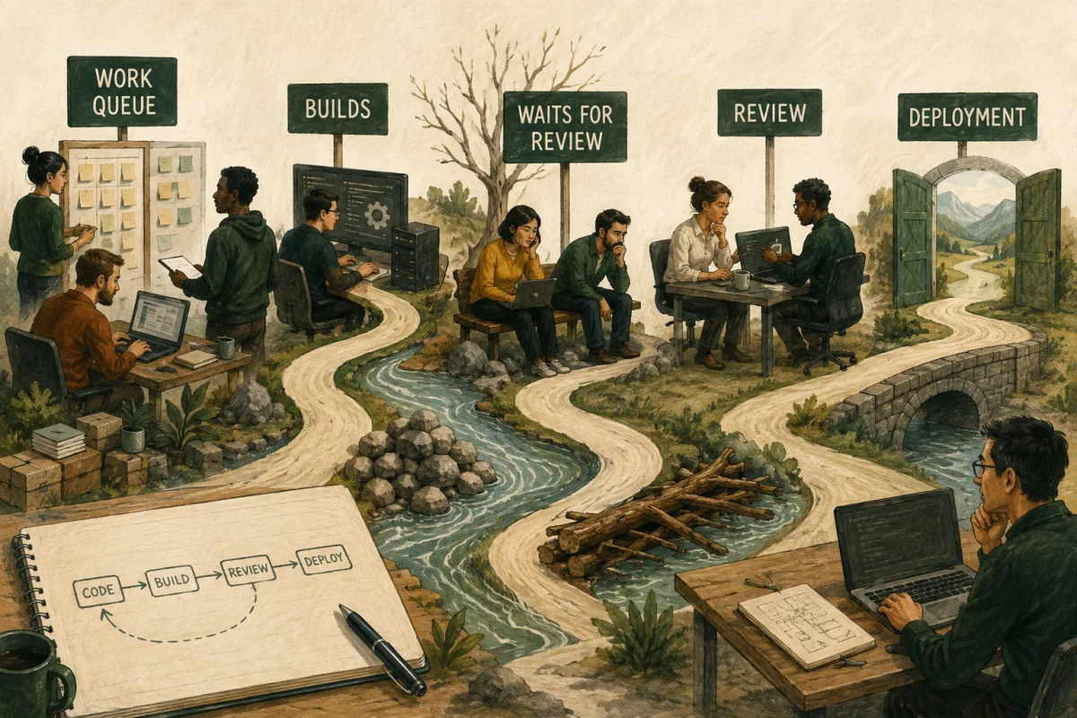 Software work flows through the queue, build, review wait, review, and deployment.