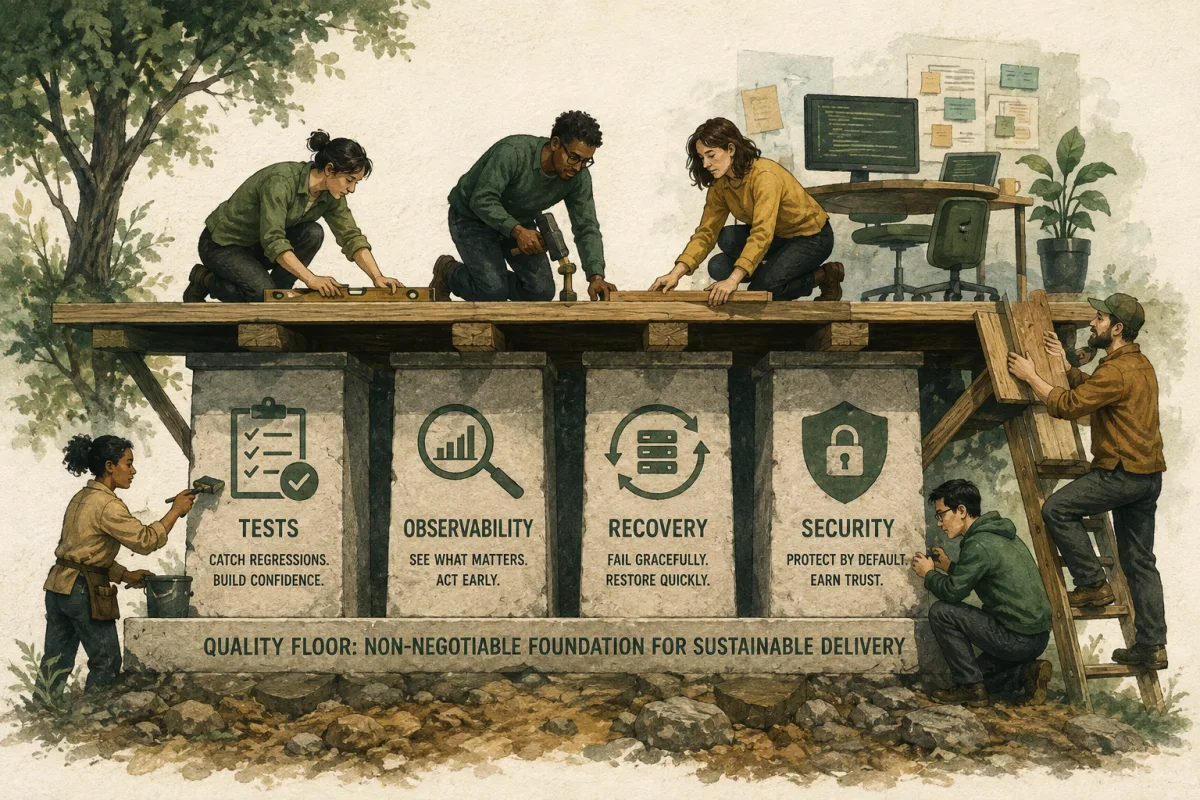 A quality foundation rests on tests, observability, recovery, and security.