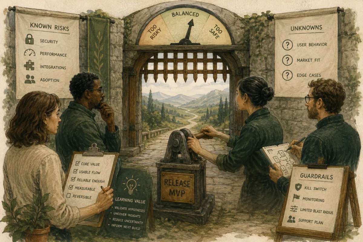 A team reviews known risks, unknowns, guardrails, and learning value before opening a release gate.