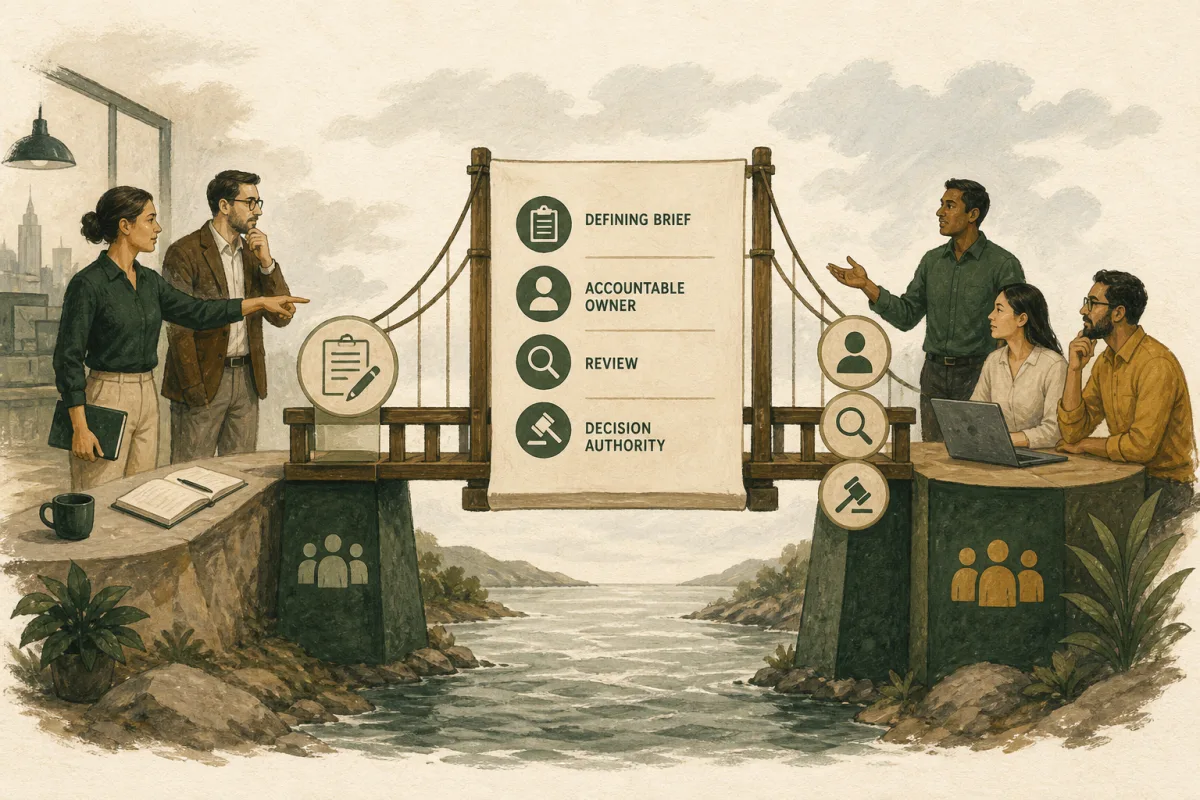 Company and offshore-team interface defining brief, accountable owner, review, and decision authority