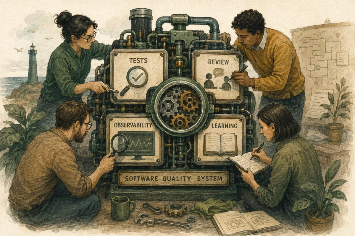 Software quality system that combines tests, review, observability, and learning