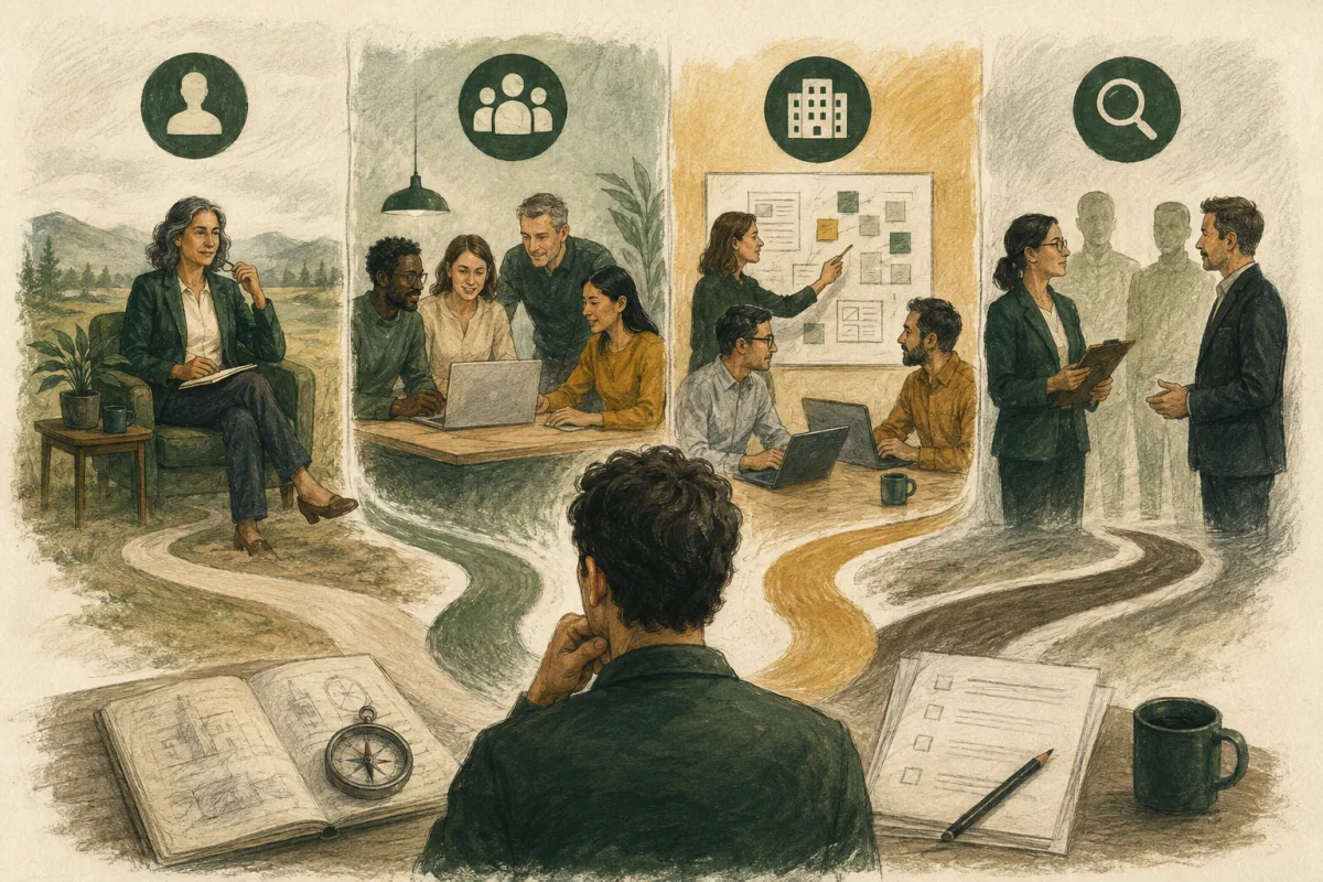 Four illustrated provider choices: an independent executive, a network, a delivery agency, and a search firm.