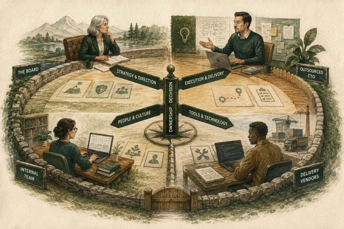 Decision ownership divided among the board, outsourced CTO, internal team, and delivery vendors.