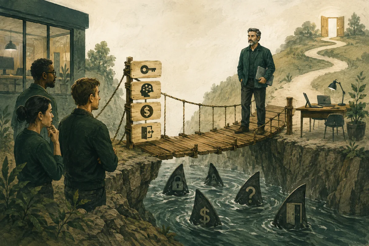 A bridge illustrating outsourced leadership dependencies around access, knowledge, commercial incentives, and exit.