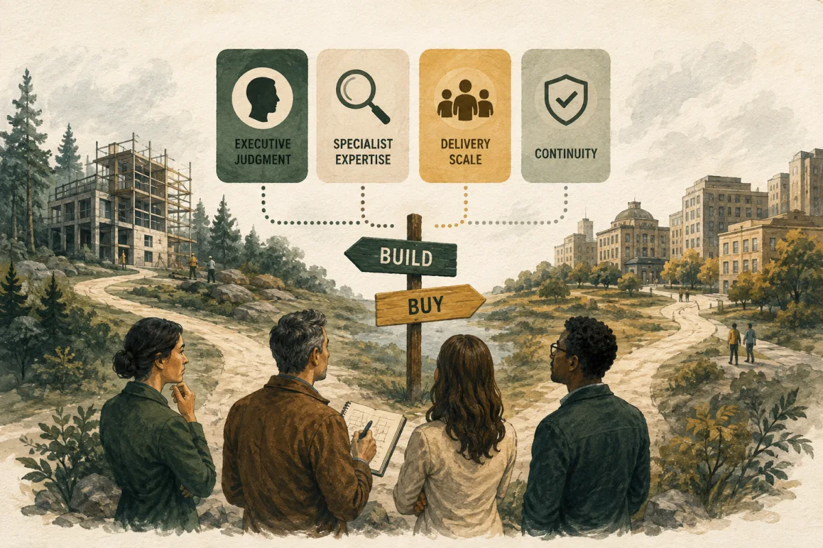 Build-or-buy choice examined through executive judgment, specialist expertise, delivery scale, and continuity.