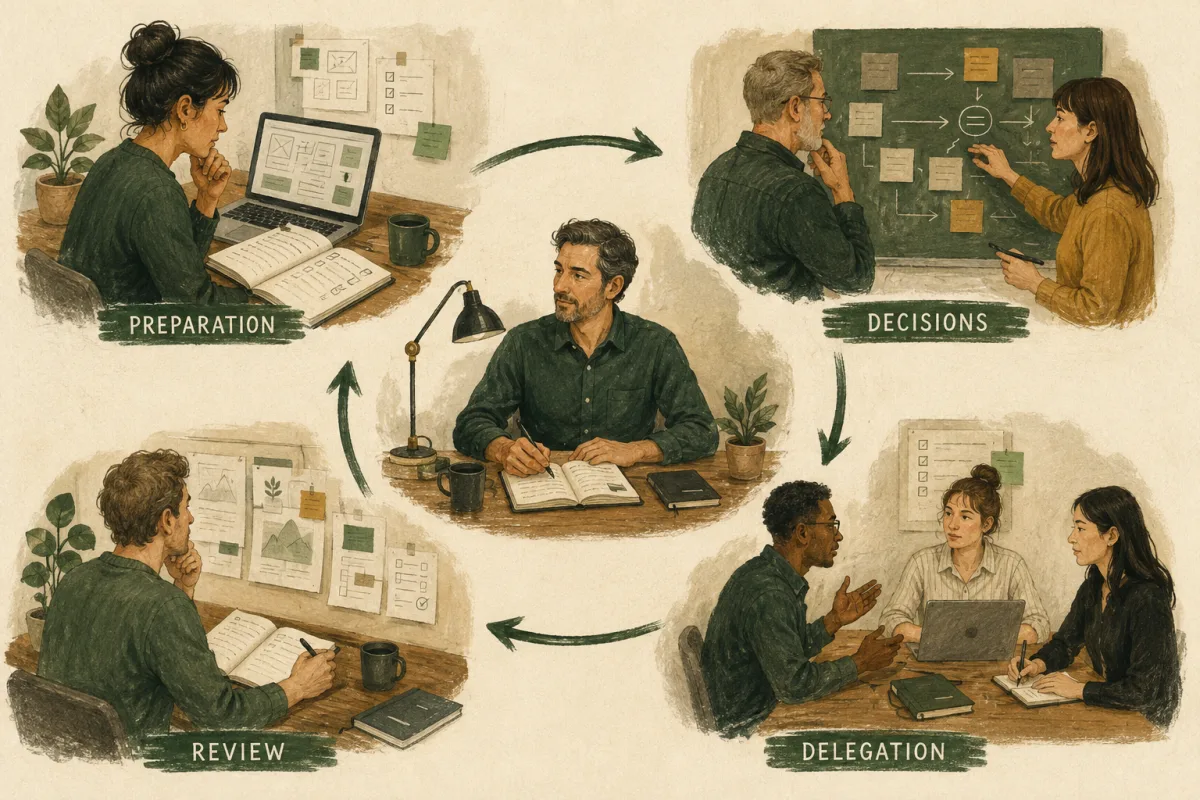 Part-time leadership cycles through preparation, decisions, delegation, and review.