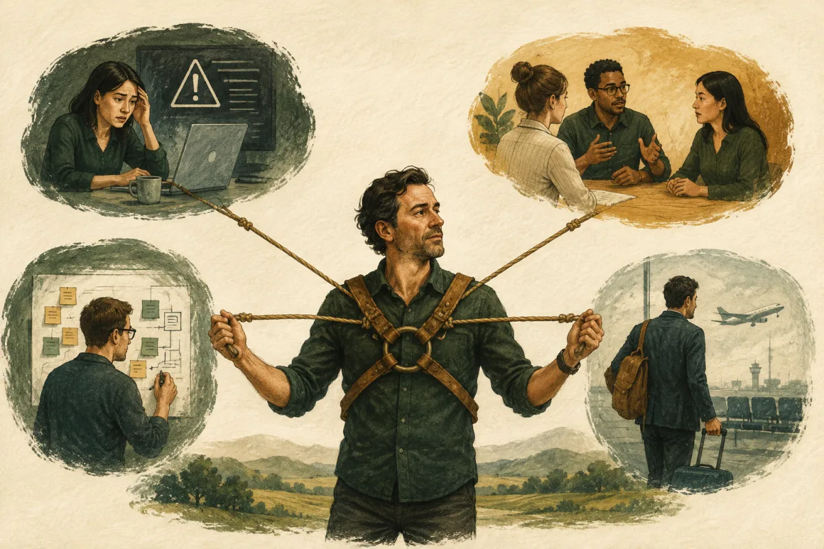An executive balances incident demands, people decisions, project work, and travel.
