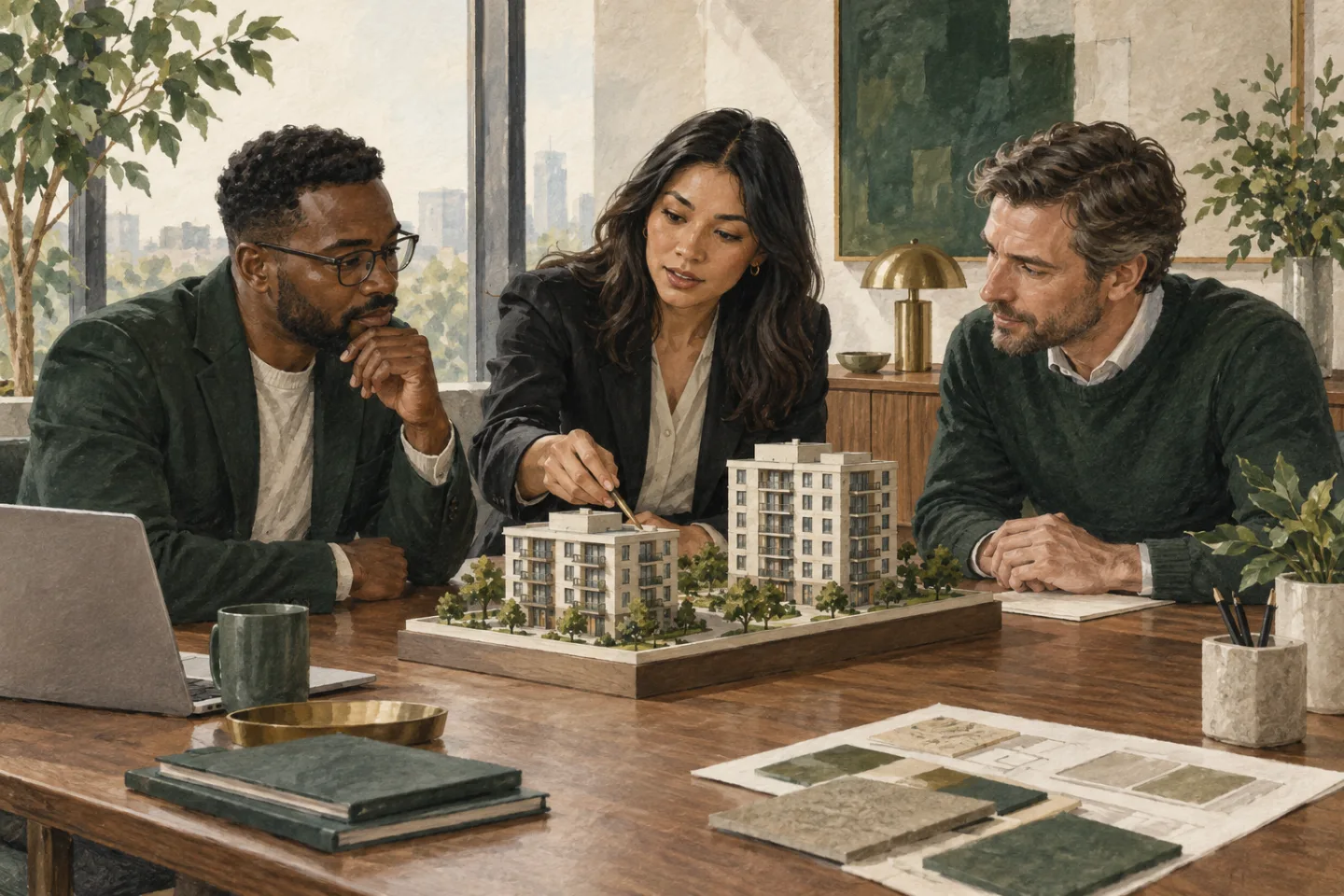 A property technology leader and operating managers reviewing a building portfolio model