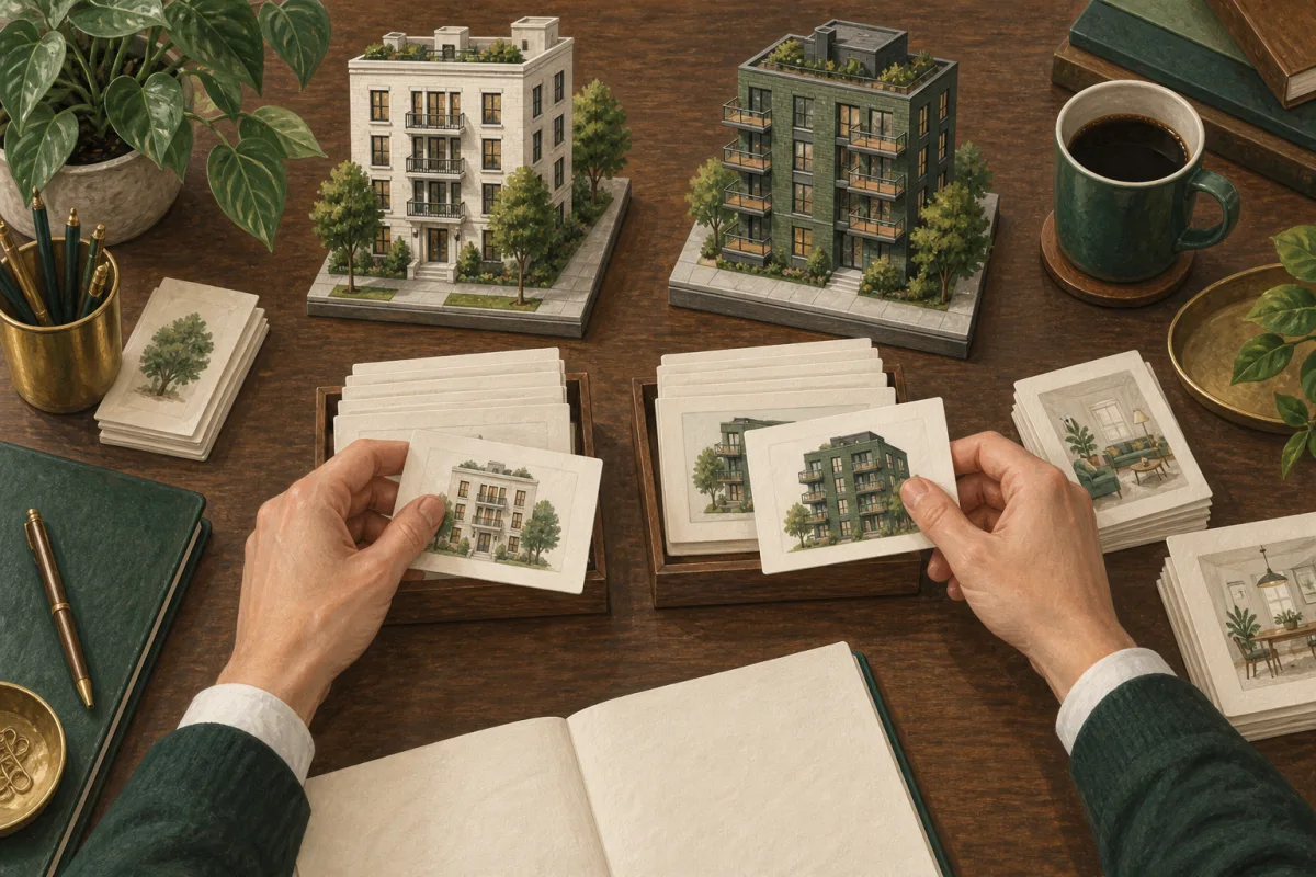 Hands comparing property and unit records beside two building models