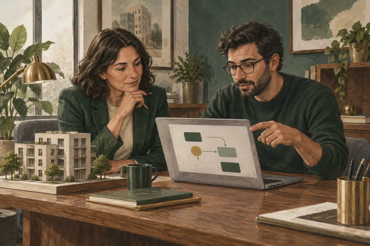 A property manager and engineer reviewing a pilot handover