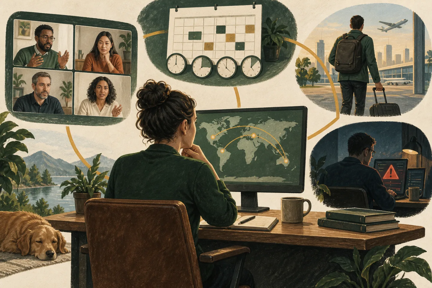 A remote technology leader coordinates video discussions, time zones, travel, and incident access.