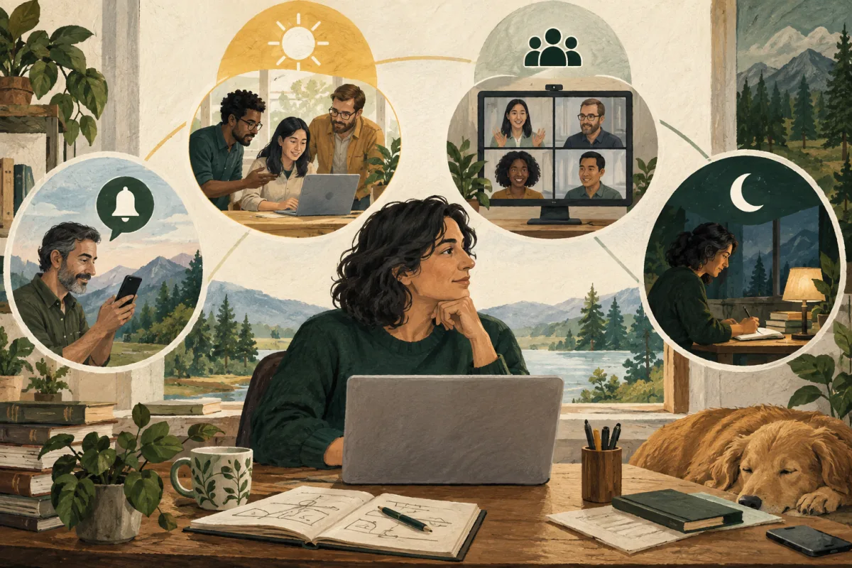 A remote executive balances response messages, shared working hours, meetings, and focused individual work.