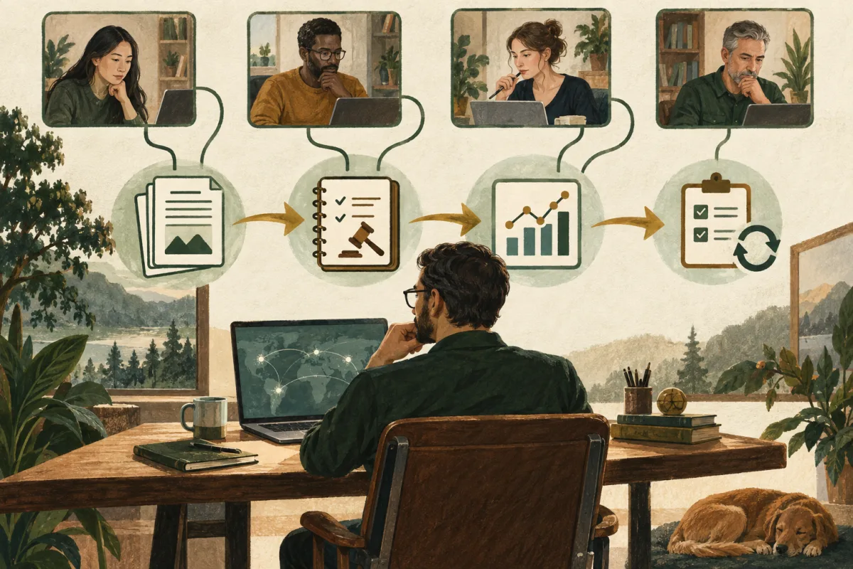 Distributed colleagues connect written briefs, a decision log, operating measures, and follow-up.